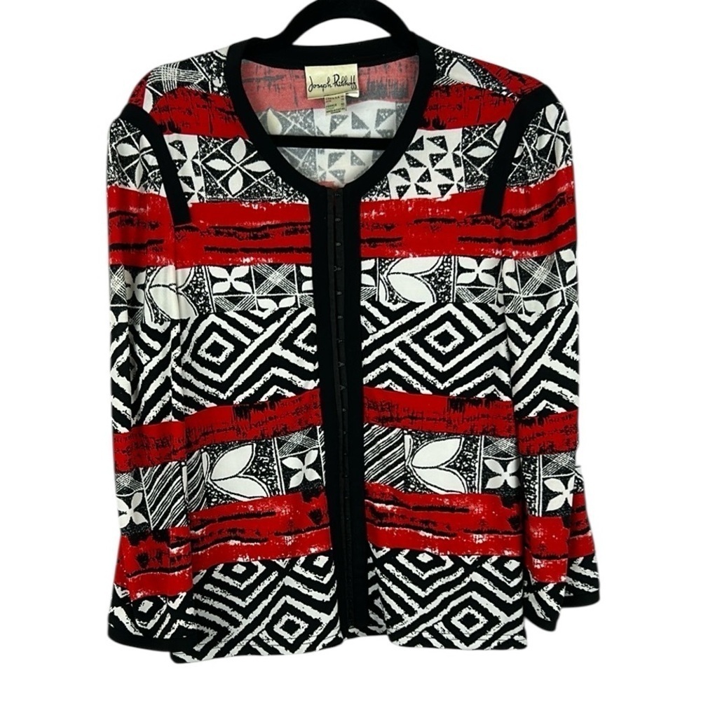 Joseph Ribkoff Geometric Floral Hook & Eye Front Long Sleeve Jacket Top Size 10